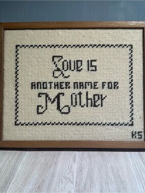 Framed Cream and Black Cross-Stitch Wall Decor - Love Is Another Name for Mother